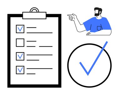 Kontrol panosu, kontrol listesi, büyük onay işareti, mavi tişörtlü adam. Üretkenlik, organizasyon, onay, görev yönetimi, verimlilik planlaması için ideal. Soyut çizgi