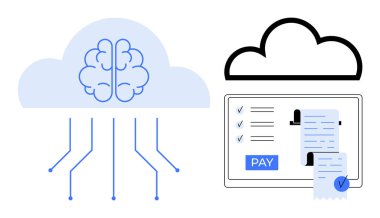 Buluttaki beyin çizgilere, bulut ile belgeye, kontrol izlerine, düğmelere, makbuzlara ve kenelere bağlı. Yapay zeka teknolojisi, bulut hizmetleri, fintech dijital işlem yenilik sektörü için ideal