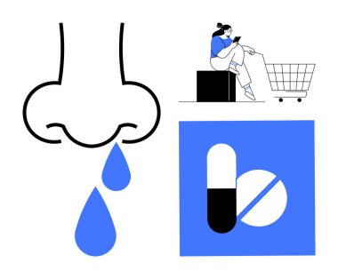 Burnu akıyor, arabası olan bir kadın akıllı telefon kullanıyor, ilaç kullanıyor. Sağlık, grip önleme, ilaç, sağlık hizmetleri, online alışveriş danışmanlığı için idealdir. Modern soyut çizgi düz