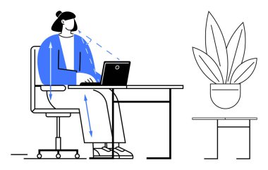 Profesyonel olarak masa başında dizüstü bilgisayarla oturmuş, ekrana odaklanmış. Çevresi çok az, yanında saksı bitkisi ve küçük bir masa var. Üretim için ideal, iş-yaşam dengesi, modern çalışma alanı