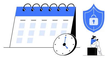 Takvim kitabı, bağlayıcı, ayakta duran saat, güvenlik kilidi simgesi ve kitap okuyan kadın. Üretkenlik, zaman yönetimi, programlama, güvenlik eğitimi planlama süresi için ideal. Çizgi