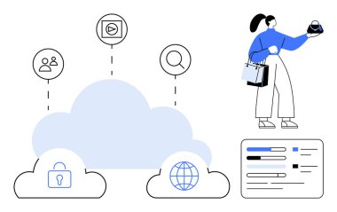 Güvenlik, kullanıcılar ve küresel erişimi içeren bulut bilgisayar ikonlarına bağlı kadın çantaları ve telefonlar. E-ticaret, bulut teknolojisi, veri yönetimi, güvenlik ve küresel bağlantı için ideal