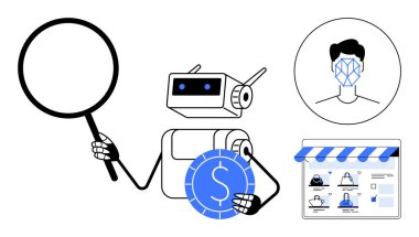 Robot holding magnifying glass and coin, facial recognition icon, online store interface. Ideal for AI, finance, e-commerce, cybersecurity, technology automation and digital marketing themes. Line clipart