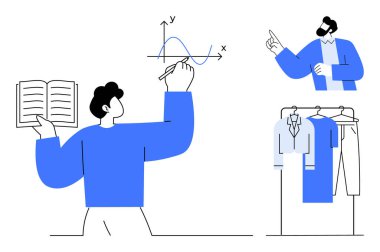 Elinde kitap tutarken grafik çizen bir adam, sunum yapan başka bir adam, elbiseli bir gardırop. Eğitim, öğretim, öğrenme, işletme, moda kostüm organizasyonu veri analizi için ideal. Çizgi
