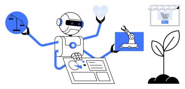 Çok işlevli robot yönetimi alışverişi, mühendisliği, bahçıvanlığı, adaleti ve yaratıcılığı onaylıyor. Otomasyon, üretkenlik, yenilik, teknoloji çoklu görev verimliliği için ideal