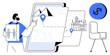 Tablet haritasını gösteren sırt çantalı bir adam dağdan kaleye giden yolu gösteriyor. Mavi iğne işaretleri varış noktalarını gösteriyor. Seyahat, macera, navigasyon, turizm, teknoloji ve planlama için ideal