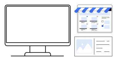 Bilgisayar monitörü, mağaza önü tentesi, ürün ızgarası ve örnek ürün listelemesi içeren çevrimiçi bir arayüzün yanında. E-ticaret, perakende satış ve online alışveriş için ideal.
