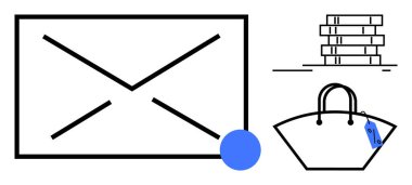 Mavi noktalı büyük bir zarf, bir yığın kitap, mavi etiketli bir çanta. Mesajlaşma, eğitim, e-ticaret, pazarlama, organizasyon iletişimi ve iş için ideal. Modern soyut çizgi düz