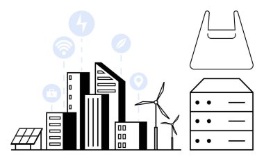 Güneş panelleri, rüzgar türbinleri, enerji ikonları olan şehir binaları. Sunucu ve plastik torba simgeleri. Sürdürülebilirlik için ideal, verimli şehir tasarımı, teknoloji, yenilenebilir enerji, atık yönetimi akıllı