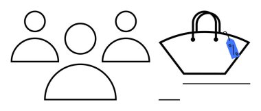 Mavi etiketli bir el çantasının yanındaki satırlarla birbirine bağlı üç kişiden oluşan bir grup. Pazarlama, takım işbirliği, tüketiciler, e-ticaret, sosyal etkileşim, ağ oluşturma, müşteri edinme için ideal