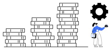 Akıllı hoparlörleri tutan kadın kitap istiflemenin yanında duruyor, yanında dişli sembolü var, büyümeyi ve teknolojik bütünleşmeyi vurguluyor. Eğitim, gelişme, ilerleme, teknoloji, otomasyon için ideal