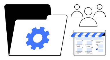 Mavi vites simgesini temsil eden dijital dizin, üç kullanıcı simgesi ve bir çevrimiçi mağaza önü. İş yazılımı, bulut depolama, e-ticaret, kullanıcı yönetimi, dijital için ideal