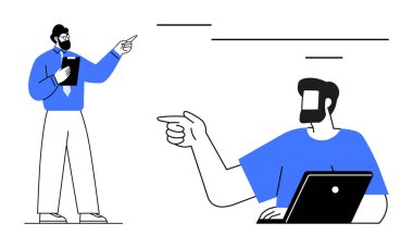 Profesyonel kıyafetli iki adam, biri bir dosya tutuyor ve işaret ediyor, diğeri de dizüstü bilgisayarla oturuyor ve işaret ediyor. İş stratejisi, sunum, takım çalışması ve işbirliği için ideal