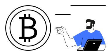 Mavi gömlekli ve dizüstü bilgisayarlı bir adam Bitcoin sembolünü işaret ediyor. Engelleme zinciri, dijital varlıklar, yatırım stratejileri, teknolojik yenilik, e-ticaret, fütüristik ekonomi ve modern finans için ideal