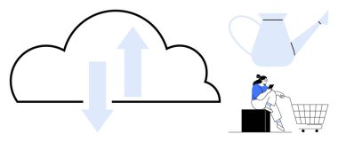Okları olan bir bulut, seyyar bir cihaza el arabası takmış bir kadın, su kovası. Teknoloji, e-ticaret, büyüme, verimlilik, veri yönetimi müşteri ilişkileri ve çevrimiçi alışveriş temaları için ideal. Basit.