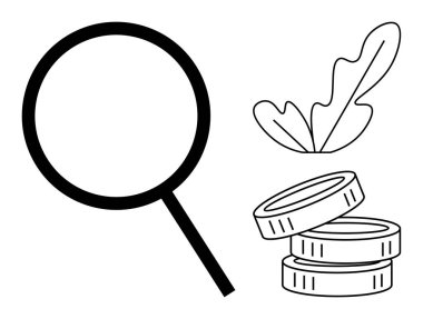 Magnifying glass, stack of coins, and a leaf. Ideal for financial analysis, economic growth, investment strategies, business development, research sustainability and nature. Simple abstract line clipart