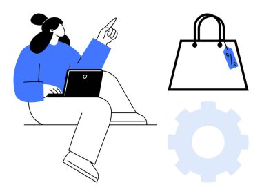 Dizüstü bilgisayarı olan ve yukarı doğru bakan bir kadın, etiketli bir alışveriş çantası, vites simgesi. E-ticaret, çevrimiçi alışveriş, teknoloji, iş, pazarlama perakende yeniliği için ideal. Soyut satır düzlüğü