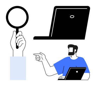 Elinde büyüteç, dizüstü bilgisayar, dizüstü bilgisayarda çalışırken sakallı biri. Dedektif, araştırma, araştırma, analitik, online veri analiz çalışmaları için ideal. Soyut