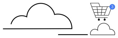 Bir alışveriş arabası ve üç öğeyi gösteren bir bilgilendirme baloncuğu olan bulut ambalajı. E-ticaret, bulut hizmetleri, çevrimiçi alışveriş, veri depolama, dijital pazarlama, bildirimler için ideal