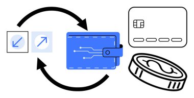 Kredi kartı, bozuk para ve yön oklarının yanında elektronik devre tasarımı olan dijital cüzdan. Dijital ödemeler, kripto para birimi, mali işlemler, fintech, çevrimiçi alışveriş için ideal