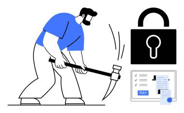 Kazmalı bir adam dijital ödeme sistemine sızmaya çalışıyor. Güçlü güvenliği sembolize eden büyük bir asma kilit. Siber güvenlik, hackleme, çevrimiçi güvenlik, dijital ödemeler, dolandırıcılığı önleme için ideal