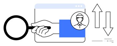 Tarayıcı penceresinde el ele tutuşan büyüteç, kullanıcı simgesi ve yukarıdan aşağıya ok. Veri analizi, kullanıcı araştırması, web analizi, çevrimiçi davranış, SEO optimizasyonu, piyasa araştırması, müşteri arayışı için ideal