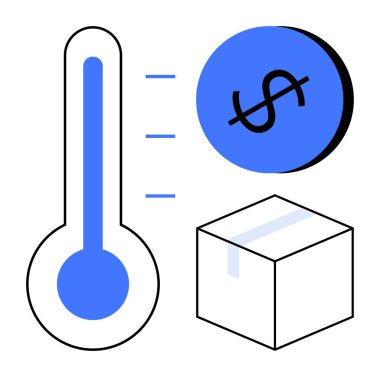 Thermometer, dollar sign, and package together suggest a relationship between temperature, expenses, and shippinglogistics. Ideal for economics, logistics, climate change, pricing supply chain clipart