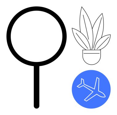 Büyüteç, saksı bitkisi, düz dizaynlı uçak ikonu olan mavi daire. Araştırma, keşif, doğa, seyahat, minimalizm dijital uygulama sunumları için idealdir. Soyut satır düzlüğü