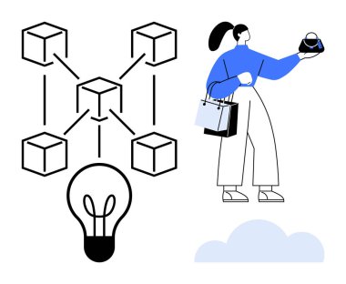 Blockchain küpleri bağlandı, ampuller fikirleri temsil ediyor. Mavi bluzlu, alışveriş çantalı bir adam. Teknoloji, e-ticaret, yenilik, ağ oluşturma, fikirler, alışveriş deneyimi engelleme için ideal