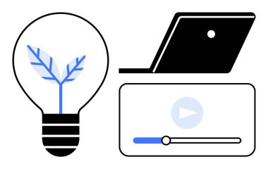 İçinde bilgisayar ve video oynatıcının yanında bitkiler olan ampul. Eğitim, e-öğrenme, yaratıcılık, yenilik, dijital medya, büyüme zihniyeti, teknoloji için idealdir. Özellikler basit soyut çizgi düz