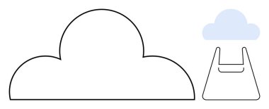 İçinde daha küçük bulutlar olan şeffaf bir alışveriş çantasının yanındaki büyük bulut anahatları. Dijital depolama, bulut hizmetleri, çevrimiçi alışveriş, teknoloji çözümleri, veri depolama, e-ticaret için ideal