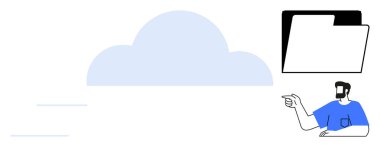 Mavi bulut simgesi siyah beyaz dosya klasörlü bulut deposunu gösteriyor. Mavi gömlekli adam klasöre bakıyor. Veri depolama, bulut hesaplama, dosya yönetimi, bilgi için ideal