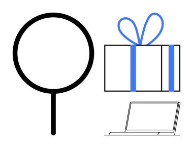 Büyüteç, mavi kurdeleli hediye kutusu, dijital keşif için laptop, hediye araması, alışveriş, araştırma, ürün keşfi, tatil planlaması e-ticaret. İş analizi teknolojisi için ideal.