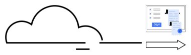 Üzerinde dijital işlemleri tasvir eden ödeme ekranını gösteren bir ok olan bulut sembolü. Bulut hizmetleri, dijital finans, çevrimiçi ödeme, fintech, e-ticaret, uzaktan erişim, fütürist