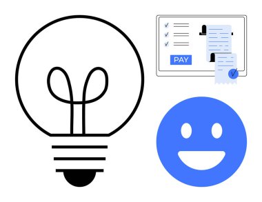 Ampul, gülen yüz ve faturalarla ödeme işleme ekranı yenilik, memnuniyet ve dijital işlemleri gösteriyor. İş, teknoloji, müşteri hizmetleri, çevrimiçi ödemeler için ideal