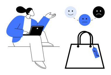 Dizüstü bilgisayar kullanan bir kadın, yanında etiketle müşteri geribildirim torbalarını temsil eden çeşitli duygusal simgelere işaret ediyor. Müşteri memnuniyeti, çevrimiçi değerlendirmeler, pazar analizi için ideal