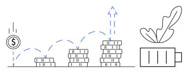 Para birikintilerinin yüksekliği artıyor, bu da mali büyüme ve yatırım başarısını gösteriyor. Madeni paralar bir yığından diğerine atlıyor ve başarı getiren bir roketle bitiyor. Finans için ideal