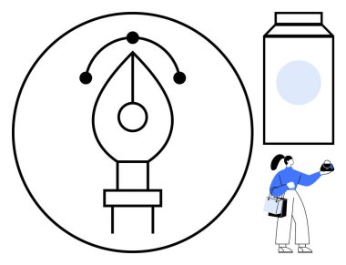 Çemberdeki kalem aleti, süt kutusu, taş tutan kadın. Tasarım araçları, yaratıcılık, pazarlama, alışveriş, tüketici malları ve günlük yaşam için ideal. Soyut çizgi düz metafor