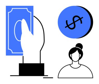 Bir fatura, dolar işareti ve basitleştirilmiş bir kadın figürü mali işlemleri, ekonomik ilişkileri, bankacılığı, yatırımı, tasarrufu, ticareti ve dövizi temsil ediyor. Finans için ideal