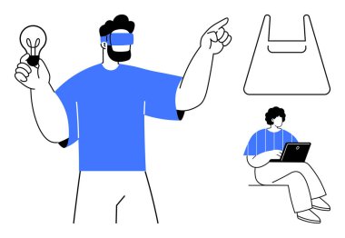 VR kulaklık takan biri ampul tutuyor, diğeri de dizüstü bilgisayarla oturuyor. Teknoloji, yenilik, uzaktan öğrenme, dijital çözümler, eğitim, fütüristik kavramlar, ev işi için ideal