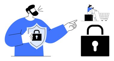 Adam kalkanı kilitli tutuyor, alışveriş arabasındaki dizüstü bilgisayardaki büyük asma kilidi gösteriyor. Güvenlik, koruma, e-ticaret, gizlilik, siber güvenlik, online alışveriş veri güvenliği için ideal. Basit.