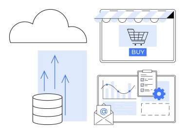 Bulut depolama, artan grafik, online alışveriş arabası, panelli analitik torpido, e-posta ikonu. E-ticaret, bulut hesaplama, veri analizi, dijital pazarlama büyüme stratejisi için ideal