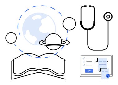 Dünya ve gezegen sembolleri, steteskop, ödeme düğmeli kontrol listesi. Eğitim, sağlık, küresel bağlantı, e-öğrenme, teletıp, online ödemeler, gelecekteki teknolojiler için ideal