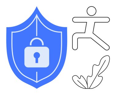 Güvenlik ve koruma için kilit simgesi olan mavi kalkan, sağIık için aktif pozisyonda çubuk figürü, artı yaprak ikonu. Koruma, güvenlik, sağlık, aktivite, denge ve güven konuları için ideal