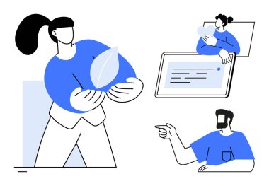 Karakterler, tablet ve yeşillik de dahil olmak üzere dijital elementlerle etkileşim halindedir. Takım çalışması, iletişim, teknoloji, eko-dostluk, eğitim, dijital çalışma, kavramsal temsil için ideal