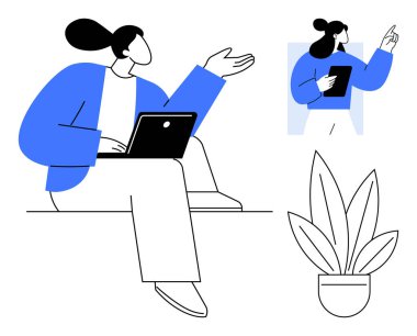 Otururken dizüstü bilgisayar kullanan bir kadın, elinde tablet tutarken işaret eden başka bir kadın, kapalı alan bitkisi. Üretkenlik, uzaktan çalışma, sunum, takım işbirliği, teknoloji kullanımı, modern ofis için ideal