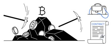 Cryptocurrency mining scene with coins being extracted with pickaxes from a rock, Bitcoin symbol, hardware storage bag, and signed contract. Ideal for blockchain, investment, finance, technology clipart