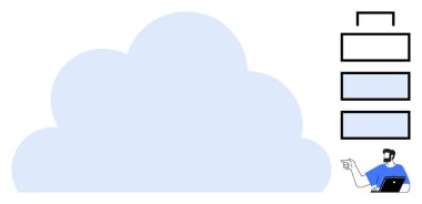 Bir dizüstü bilgisayar kullanan adam bulut depolama şemalarına işaret ediyor bulut altyapısının seviyelerini ve faydalarını vurguluyor. Teknoloji, bulut hesaplama, veri yönetimi, çevrimiçi depolama, bilişim çözümleri, dijital