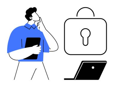 Elinde asma kilit ve dizüstü bilgisayarın yanında bir tablet tutan bir adam. Siber güvenlik, veri koruması, teknoloji planlaması, iş stratejisi, problem çözme, organizasyon güvenliği için ideal