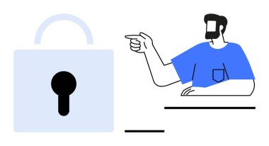 Büyük bir asma kilit ve onu işaret eden biri var. Güvenlik, gizlilik, koruma, çevrimiçi güvenlik, erişim kontrolü, veri şifreleme, güvenilirlik için ideal. Basit biçim soyut çizgi düz metaforu